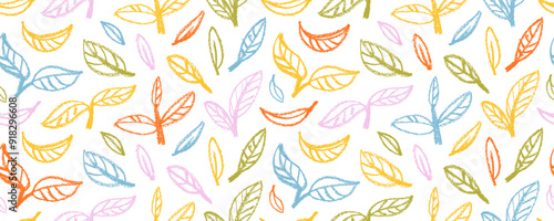 Hand drawn organic leaves colorful seamless pattern. Crayon drawn pencil foliage in kid's style