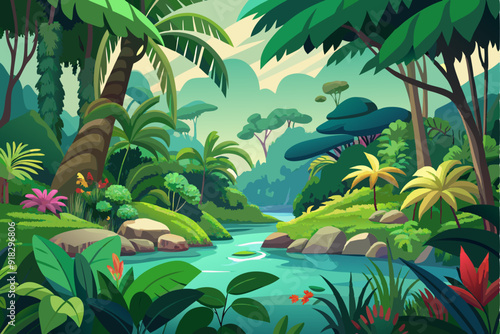 Lush Tropical Jungle Landscape with a Winding River