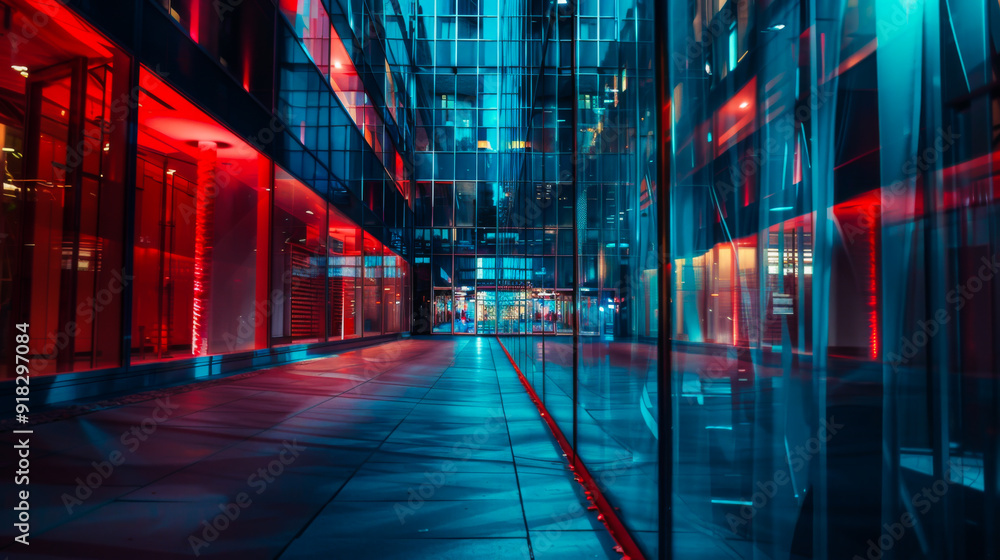 Bright neon lighting in a narrow corridor between glass buildings. Blue and red neon light outdoors. Style and interior concept. Bright neon lighting in a narrow corridor between glass buildings. Blue and red neon light outdoors. Style and interior concept.