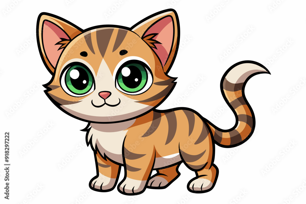 Obraz premium Cartoon Illustration of a Cute Orange and Brown Tabby Cat with Big Green Eyes