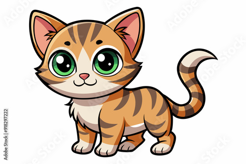 Cartoon Illustration of a Cute Orange and Brown Tabby Cat with Big Green Eyes