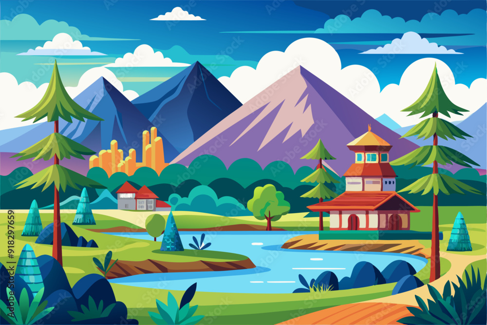 Naklejka premium Serene Mountain Landscape with a Winding River and a Traditional House