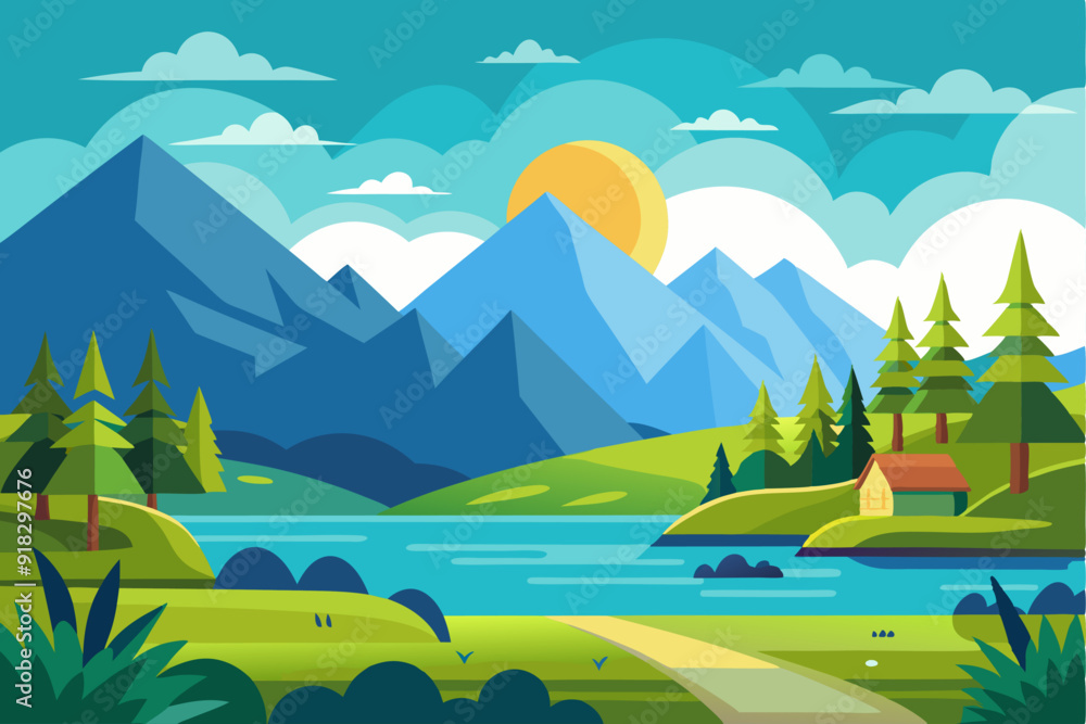 Mountain Lake Cabin Landscape with Sunny Sky Mountain Lake Cabin Landscape with Sunny Sky