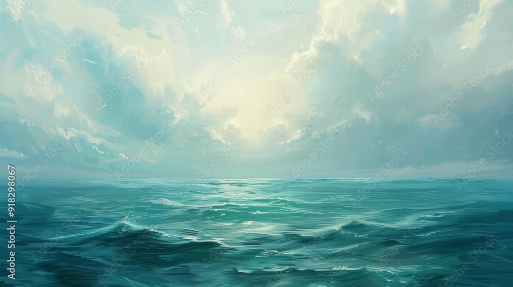 Obraz premium Peaceful ocean waves under a dramatic sky just after sunrise