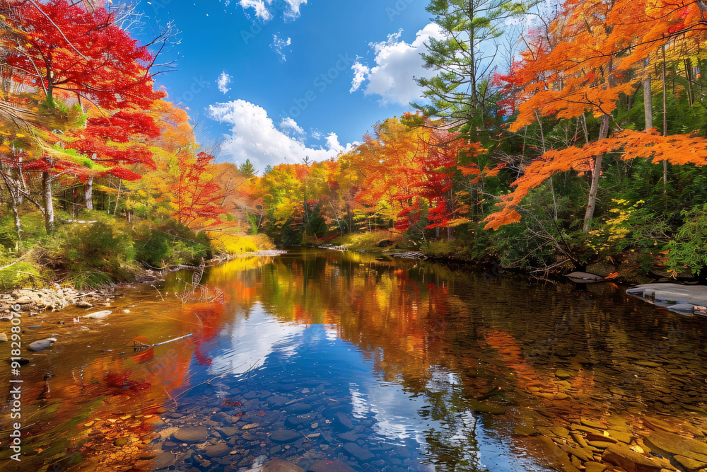 A tranquil river flows through a forest with vibrant autumn foliage reflecting in the water. Generative Ai A tranquil river flows through a forest with vibrant autumn foliage reflecting in the water. Generative Ai