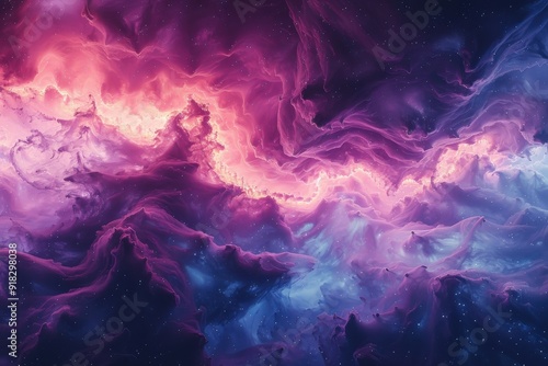 A vibrant cosmic scene featuring swirling clouds of purple and pink hues against a dark background.