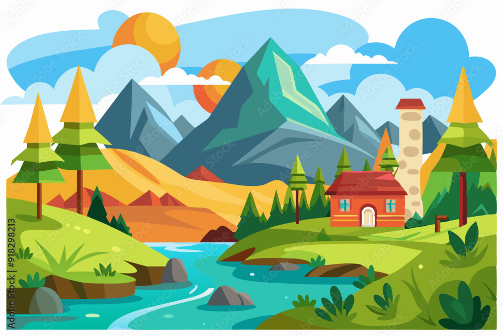 Naklejka premium A Mountainous Landscape with a River, Cottage, and Trees