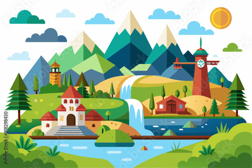 A Geometric Landscape with a Waterfall, Houses, and a Windmill