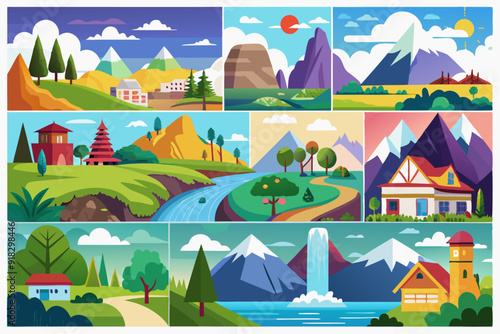 A Colorful Collage of Mountain Landscapes with Houses and Water Features