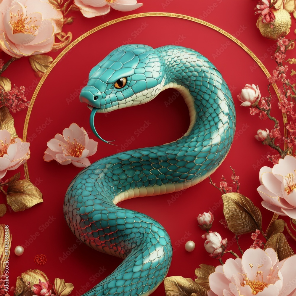 Fototapeta premium Chinese Zodiac Snake in 3D Illustration Embraced by Floral and Chinese Style Elements, a Minimalist Design in Gold Foil Style with Red Gradient for a Clean Background and Festive Chinese New Year Vibe