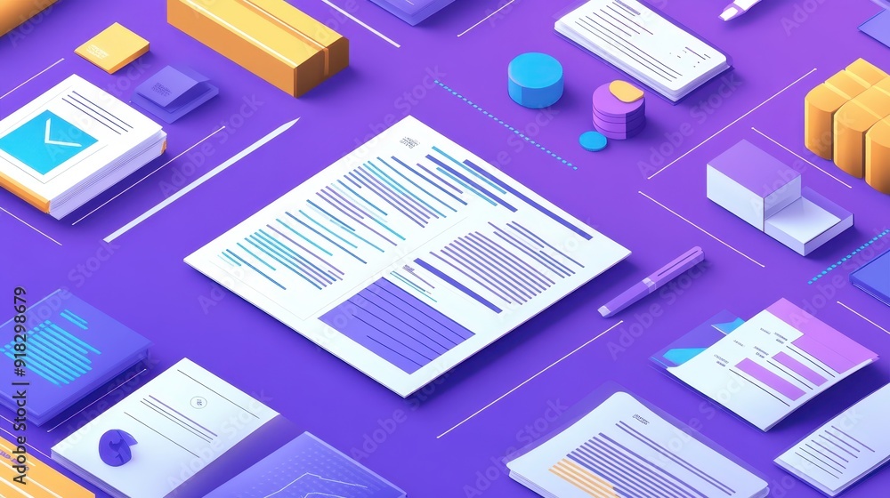 Colorful flat lay of business documents and office stationery on a purple background, depicting a modern and organized workspace. Colorful flat lay of business documents and office stationery on a purple background, depicting a modern and organized workspace.