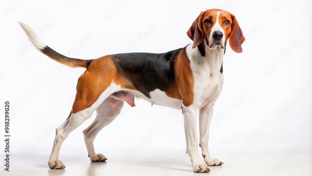 Isolated on a pure white background, a majestic Treeing Walker Coonhound dog stands proudly, showcasing its distinctive tri-colored coat and floppy ears. Isolated on a pure white background, a majestic Treeing Walker Coonhound dog stands proudly, showcasing its distinctive tri-colored coat and floppy ears.