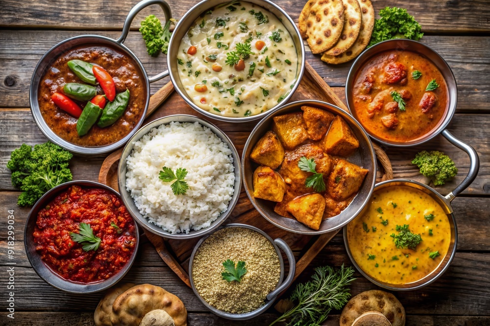 Vibrant Indian curry set featuring assorted dishes, basmati rice, naan bread, and garnishes, arranged artistically in a circular pattern on a rustic wooden surface. Vibrant Indian curry set featuring assorted dishes, basmati rice, naan bread, and garnishes, arranged artistically in a circular pattern on a rustic wooden surface.