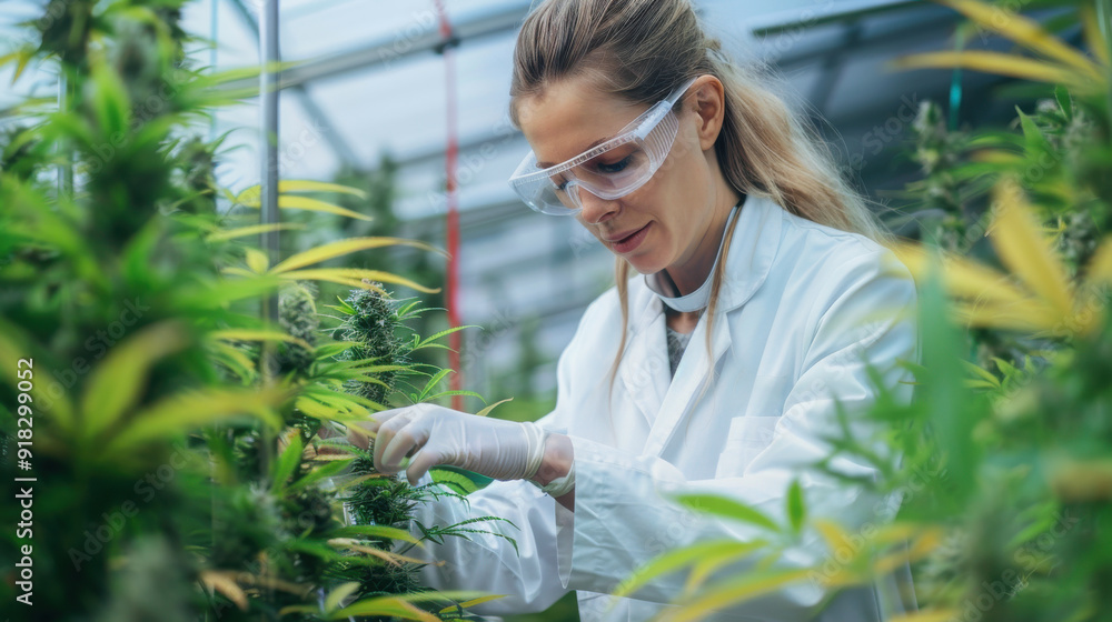 A researcher analyzing the growth of organic cannabis in a greenhouse A researcher analyzing the growth of organic cannabis in a greenhouse