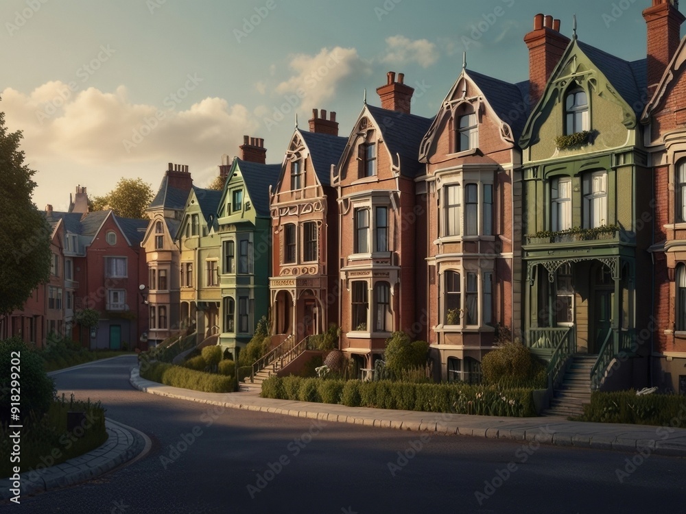 Obraz premium Art artistic depiction of a small tranquil Victorian street. Each facade with intricate details stories of a bygone era. AI generated.