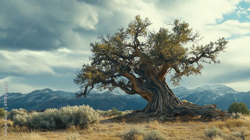 Obraz premium Ancient Tree With Twisted Branches Against Mountain Range and Cloudy Sky