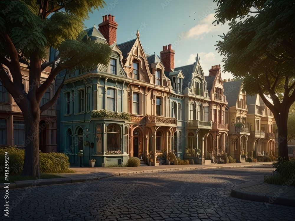 Fototapeta premium Art artistic depiction of a small tranquil Victorian street. Each facade with intricate details stories of a bygone era. AI generated.