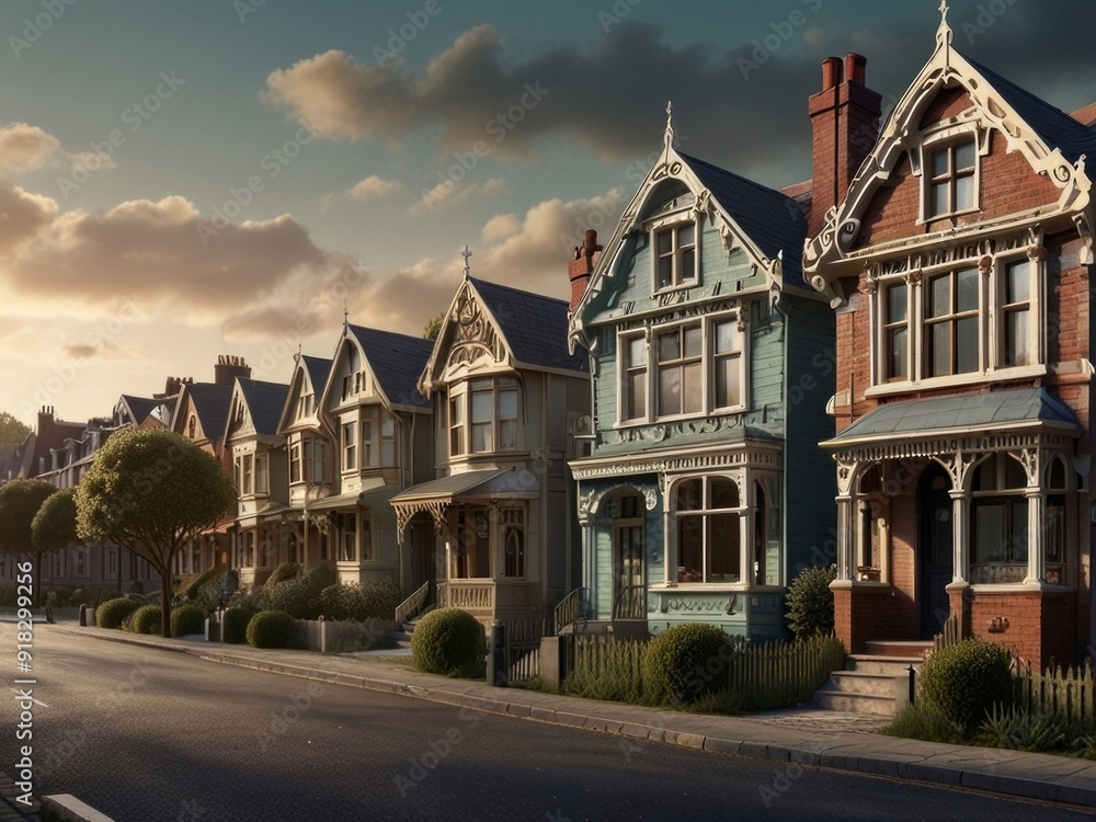 Art artistic depiction of a small tranquil Victorian street. Each facade with intricate details stories of a bygone era. AI generated. Art artistic depiction of a small tranquil Victorian street. Each facade with intricate details stories of a bygone era. AI generated.