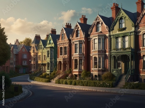 Art artistic depiction of a small tranquil Victorian street. Each facade with intricate details stories of a bygone era. AI generated.