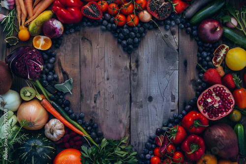 A heart shape made of colorful fruits and vegetables on the background of a wooden board. photo