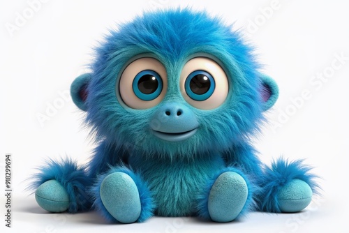 Adorable blue furry monster 3D cartoon character with large eyes and goofy expression sits alone on a white background with a playful pose.
