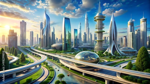 A futuristic city featuring cutting-edge transportation systems and energy-efficient infrastructures.