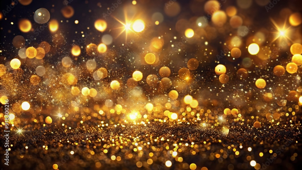 Luxurious golden sparkles and soft bokeh blobs shine against a dark black background, creating a dramatic and elegant abstract texture with festive atmosphere. Luxurious golden sparkles and soft bokeh blobs shine against a dark black background, creating a dramatic and elegant abstract texture with festive atmosphere.