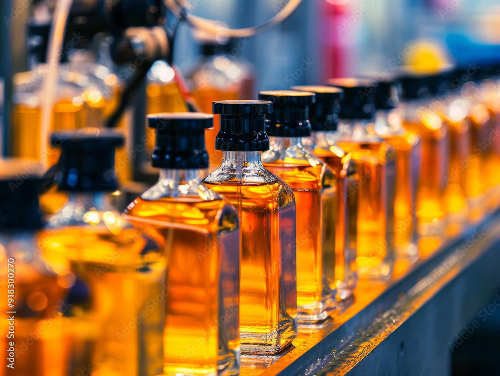 Rows of Glass Bottles Filled with Golden Liquid on a Conveyor Belt Rows of Glass Bottles Filled with Golden Liquid on a Conveyor Belt