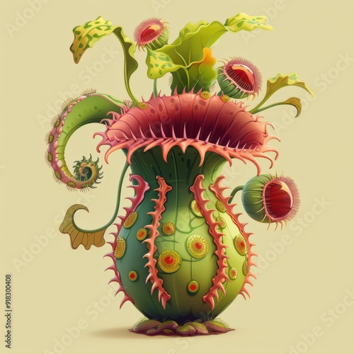 A whimsical, cartoonish plant resembling a pitcher plant with vibrant colors and exaggerated features. photo