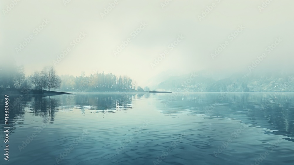 Fototapeta premium Foggy lake at dawn with calm water reflecting trees and muted colors in a serene landscape