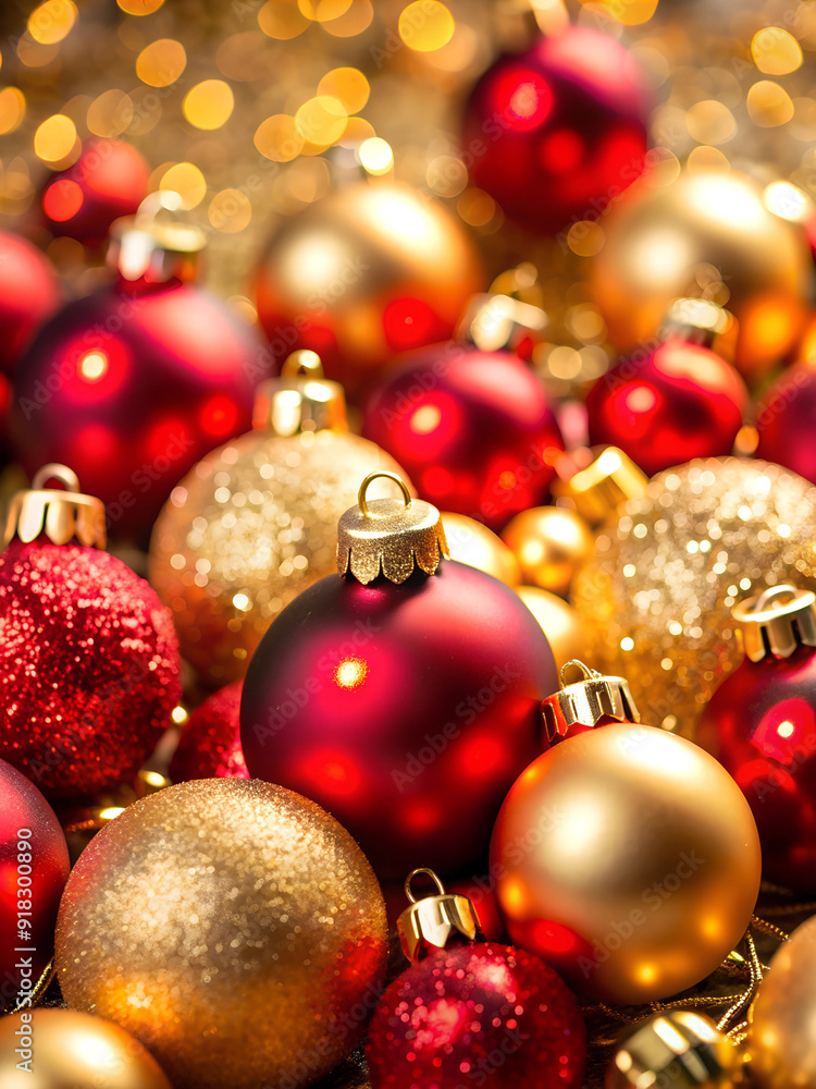 Red and Gold Christmas Ornaments with Sparkling Background Red and Gold Christmas Ornaments with Sparkling Background