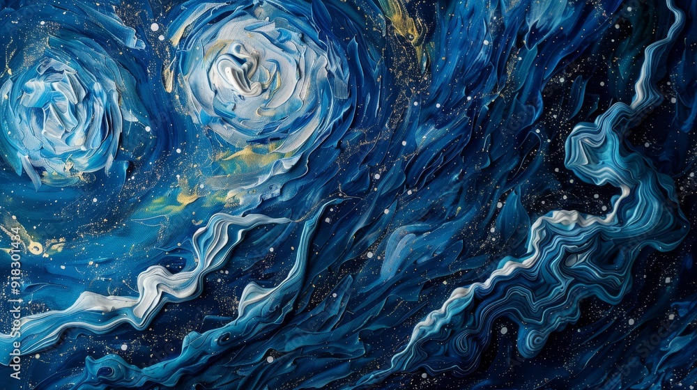 Abstract swirling galaxies in deep blue tones, showcasing cosmic movement and starry details Abstract swirling galaxies in deep blue tones, showcasing cosmic movement and starry details