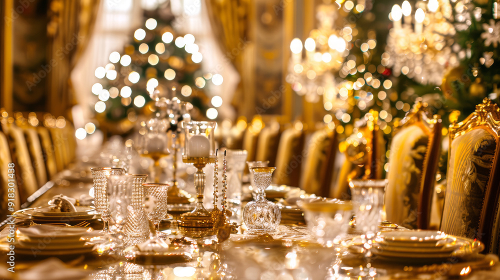 Opulent dining table set for Christmas banquet in luxury restaurant with Christmas tree, crystal glassware, golden decor. Concept of luxury holiday celebration, ornate interior design Opulent dining table set for Christmas banquet in luxury restaurant with Christmas tree, crystal glassware, golden decor. Concept of luxury holiday celebration, ornate interior design