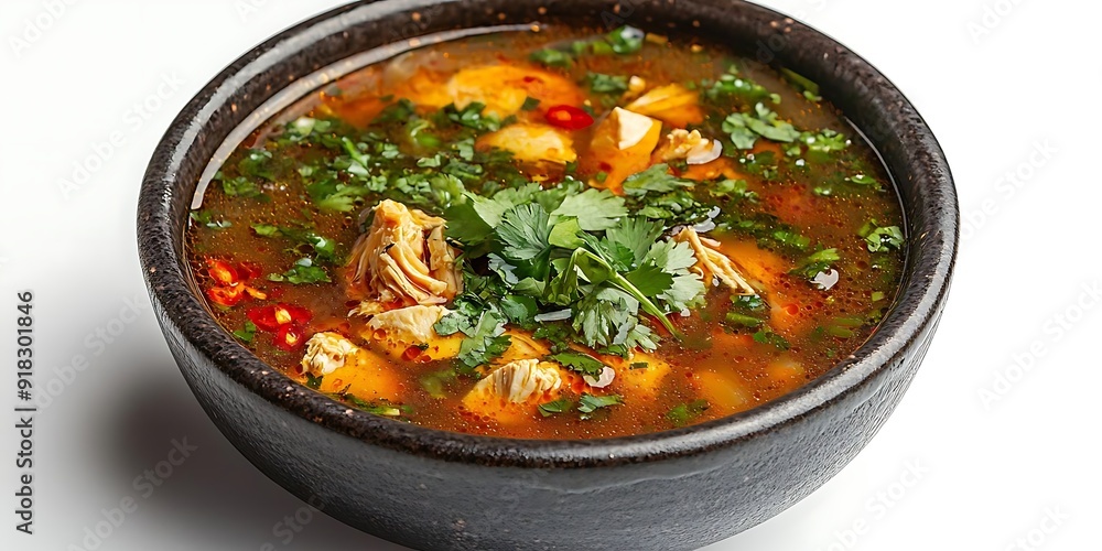 Delicious Chicken Soup with Cilantro in a Black Bowl - Food Photography Delicious Chicken Soup with Cilantro in a Black Bowl - Food Photography
