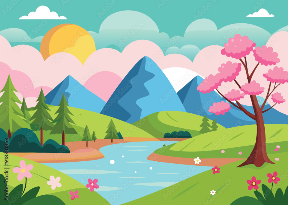 Fototapeta premium summer landscape with rainbow and flowers