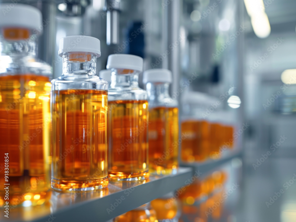 Glass Bottles Filled with Yellow Liquid on a Shelf in a Factory Setting Glass Bottles Filled with Yellow Liquid on a Shelf in a Factory Setting