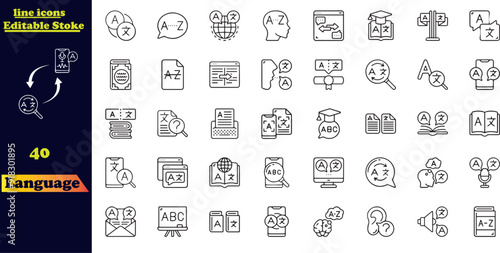 Set of outline linguistics icons. Minimalist thin linear web icon set. language skills, speech, writing, linguistics, translator and others. Language outline icons collection. Vector illustration.