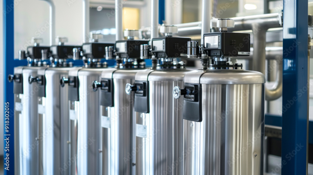 Close-up view of modern water filtration system with stainless steel pipes and gauges in industrial setting. Concept of water purification, clean technology, industrial equipment, fluid management Close-up view of modern water filtration system with stainless steel pipes and gauges in industrial setting. Concept of water purification, clean technology, industrial equipment, fluid management