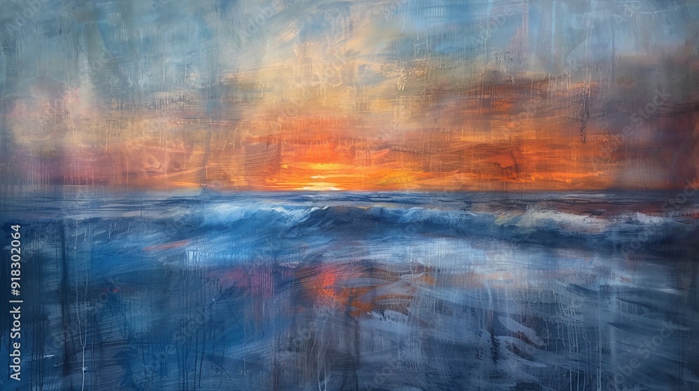 Fototapeta premium Vibrant sunset over turbulent ocean waves at twilight