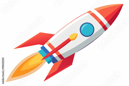 Cartoon illustration of a red and white rocket with a yellow flame