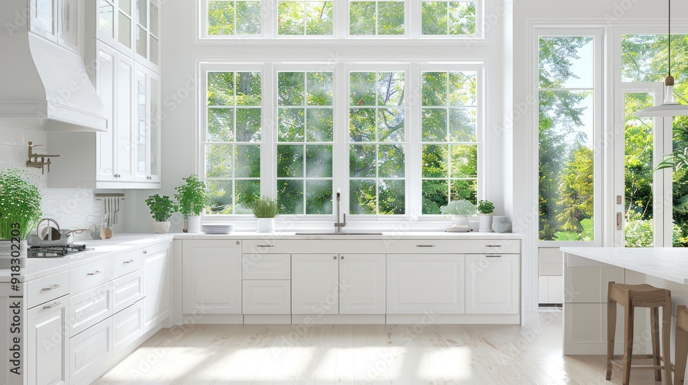 White kitchen with large windows, creating a bright and inviting space. White kitchen with large windows, creating a bright and inviting space.