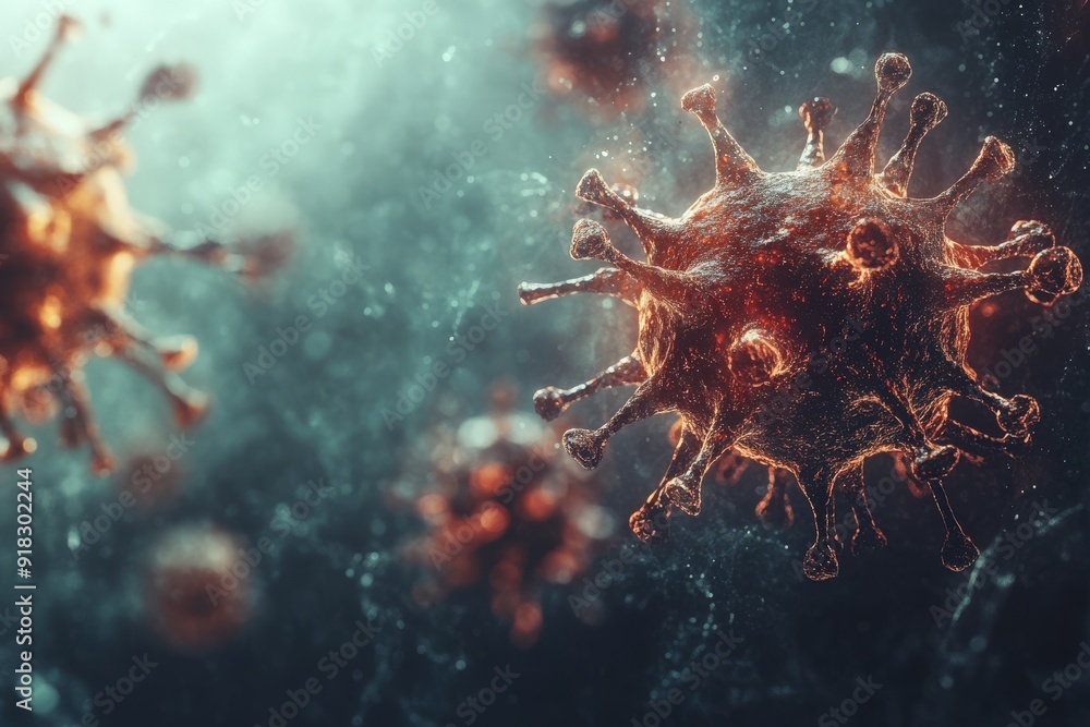 Microscopic view of viruses in a dark, abstract environment. Microscopic view of viruses in a dark, abstract environment.