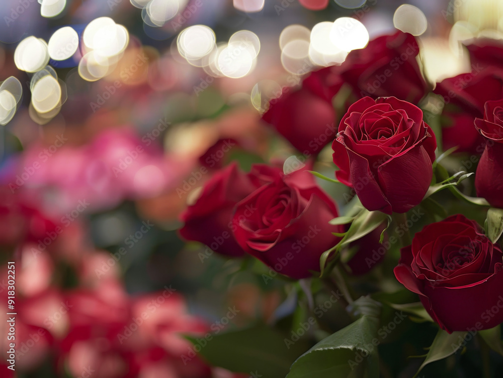 A Close-Up of Red Roses with a Blurred Background of Lights and Flowers A Close-Up of Red Roses with a Blurred Background of Lights and Flowers