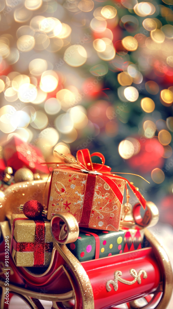 Wooden sleigh filled with colorful gift boxes on bokeh background. Concept of Christmas presents, holiday celebration, festive decorations, seasonal gift-giving. Vertical Wooden sleigh filled with colorful gift boxes on bokeh background. Concept of Christmas presents, holiday celebration, festive decorations, seasonal gift-giving. Vertical