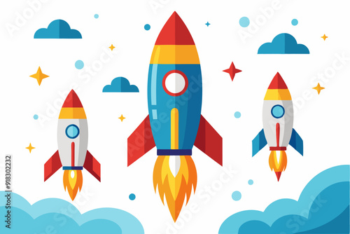 Three Cartoon Rockets Flying in the Sky with Clouds and Stars