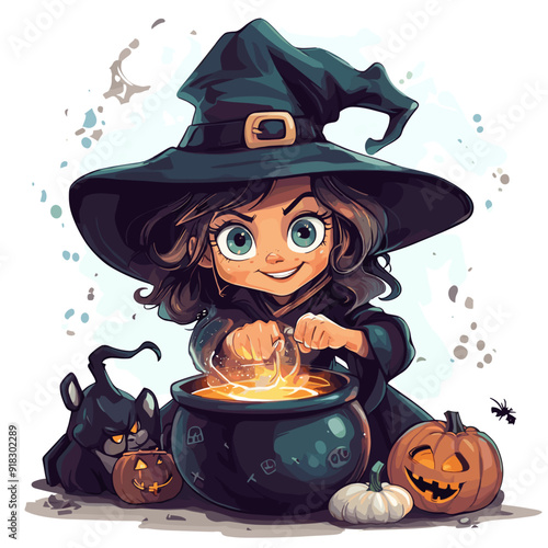 Cute Witch Stirring a Cauldron - Halloween Cartoon Illustration