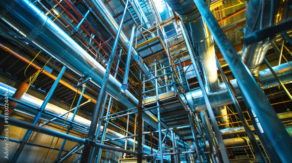 Industrial metal pipes and scaffolding in a factory environment. Concept of construction, manufacturing, engineering, industrial infrastructure Industrial metal pipes and scaffolding in a factory environment. Concept of construction, manufacturing, engineering, industrial infrastructure