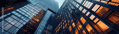 Modern skyscrapers with glass exterior reflecting sky, view from ground up with warm interior lights during twilight.