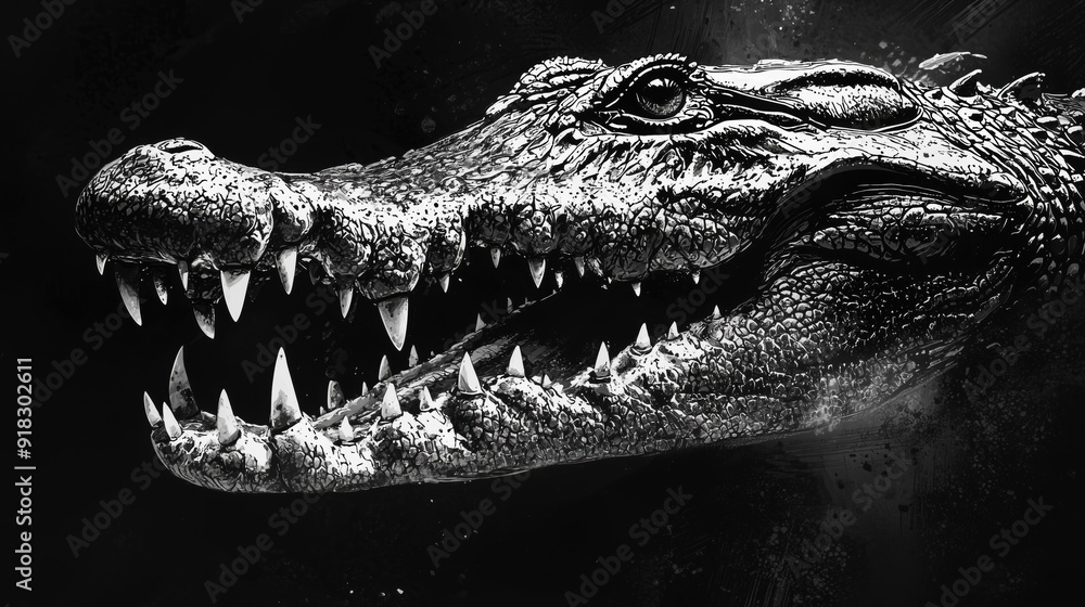 Obraz premium Terrifying Crocodile Head with Razor-Sharp Teeth and Menacing Glare â€“ Horror Art Style Illustration in White Ink Featuring Textured Scales