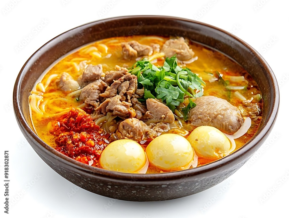 Spicy Chicken Noodle Soup with Eggs - Realistic Food Image Spicy Chicken Noodle Soup with Eggs - Realistic Food Image